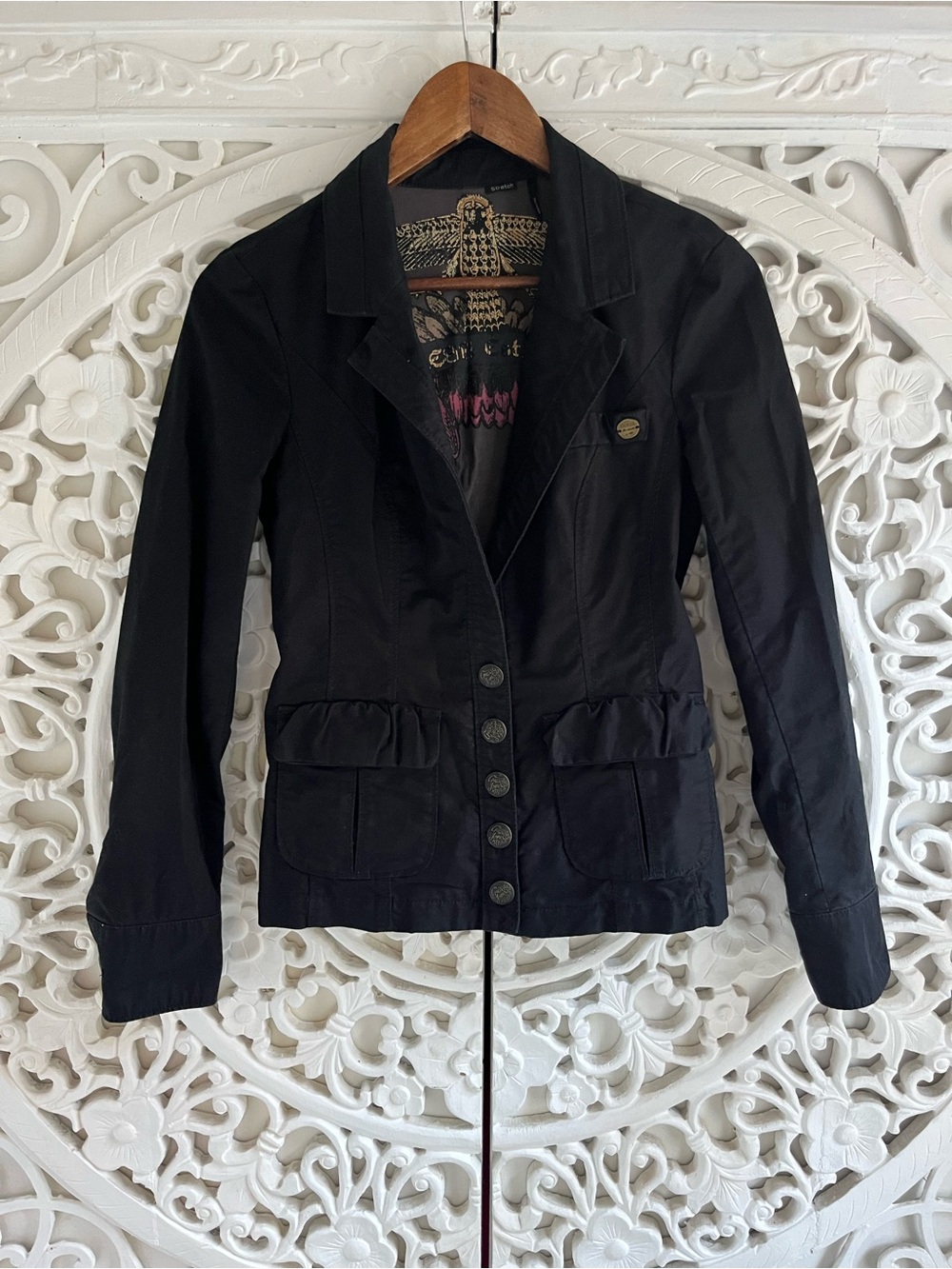 Guess Jeans Black Stretch Ruffle Pocket Blazer Jacket Women’s Small